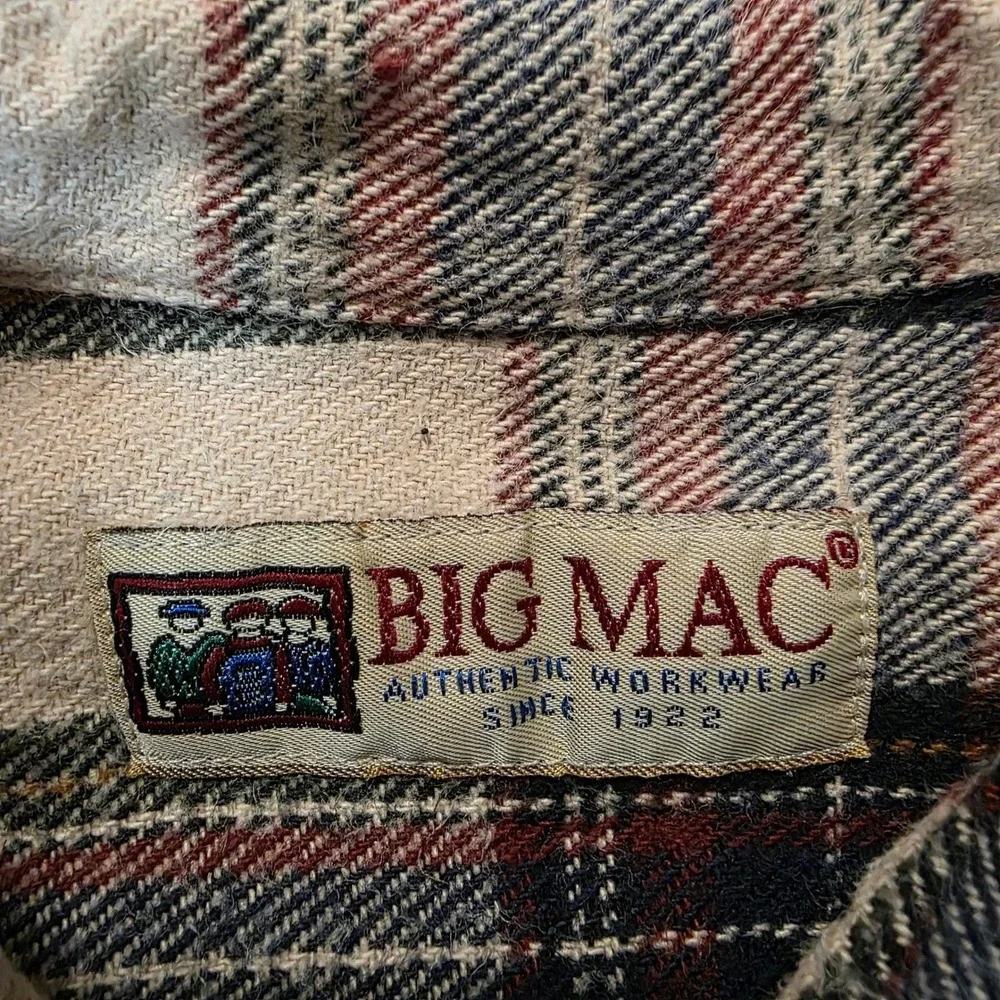 Big Mac Heavy‎ Flannel Shirt Mens Large Cream Burgundy Plaid Cotton Workwear GUC